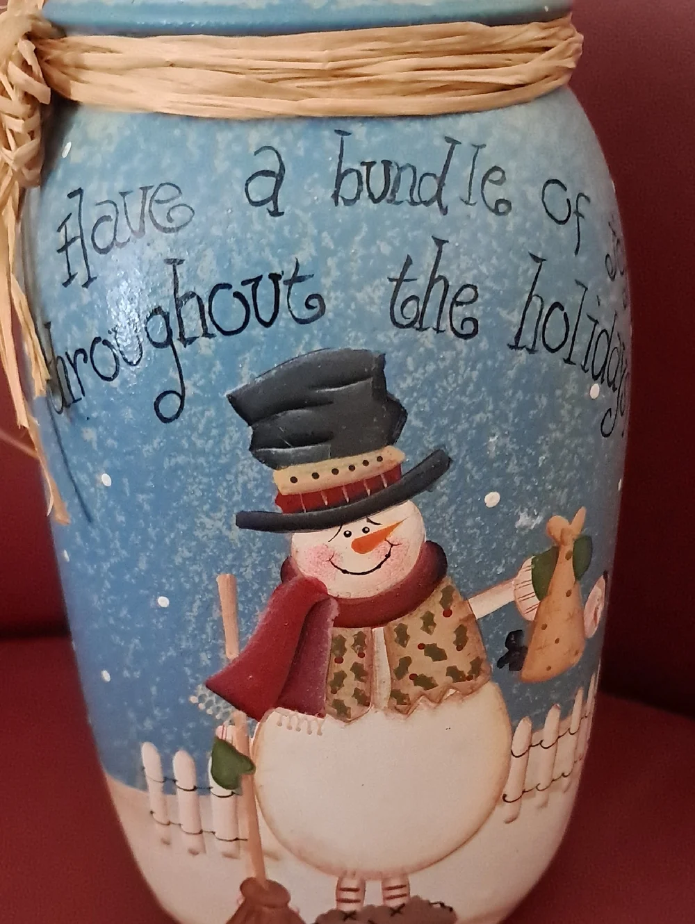 Hand Crafted, Festive Snowman Painted Mason Jar